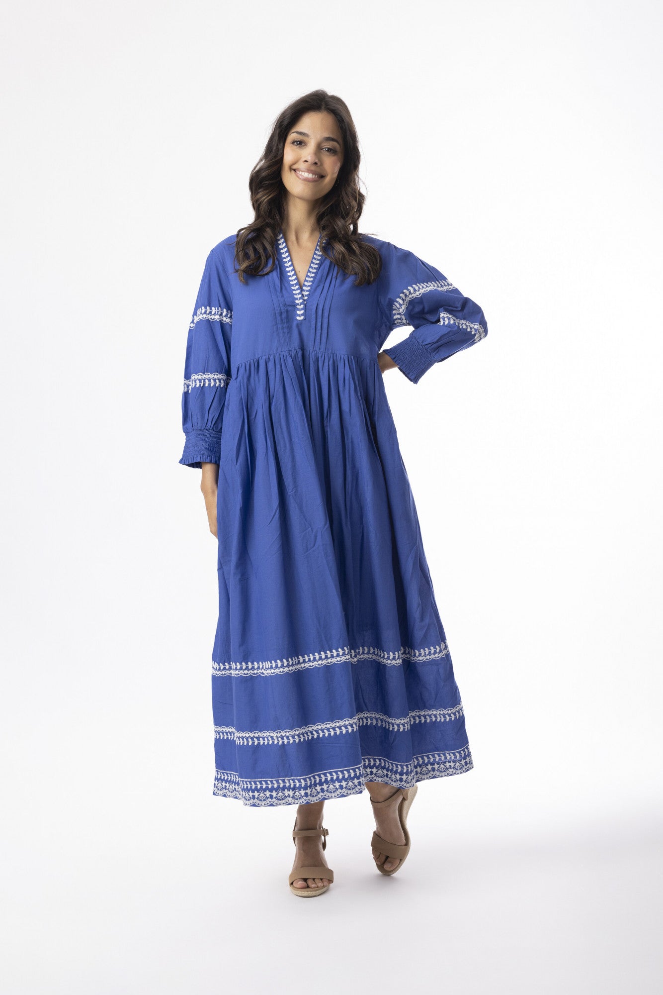 Orientique 30220 Indigo Blue Embroidered Detail Elbow Sleeve Maxi  Dress