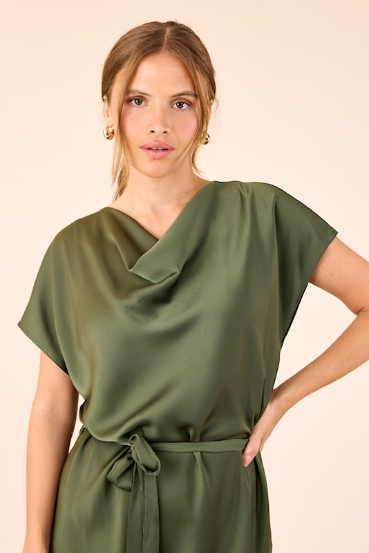 Molly Jo Olive Green Satin Belted Dress 71665