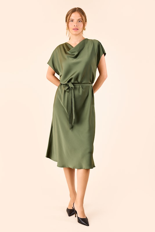 Molly Jo Olive Green Satin Belted Dress 71665