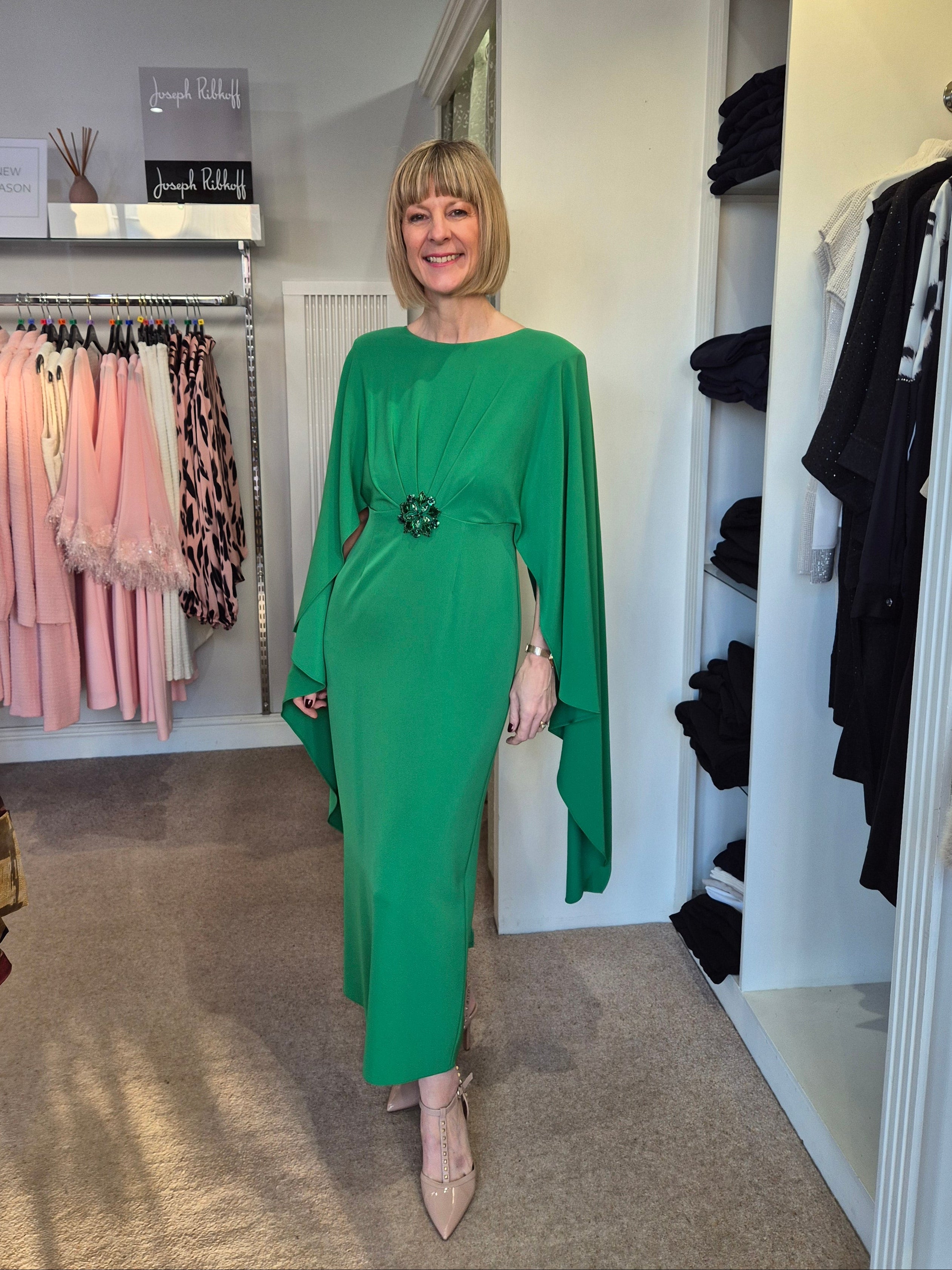 Sonia Pena 126073a Caped Sleeve Fitted Jewelled Waist Dress