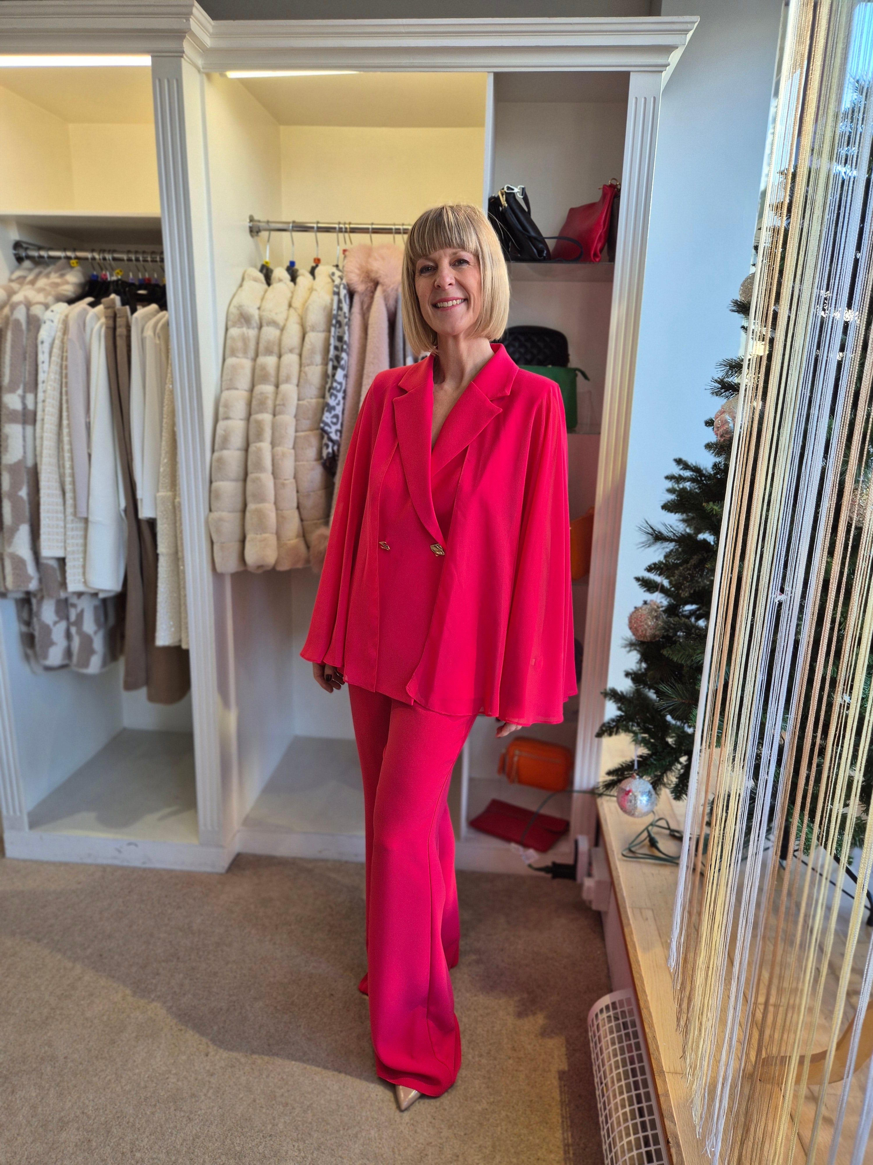 Sonia Pena 1260055 Strawberry Red Cape Sleeve Jacket and Trouser Suit