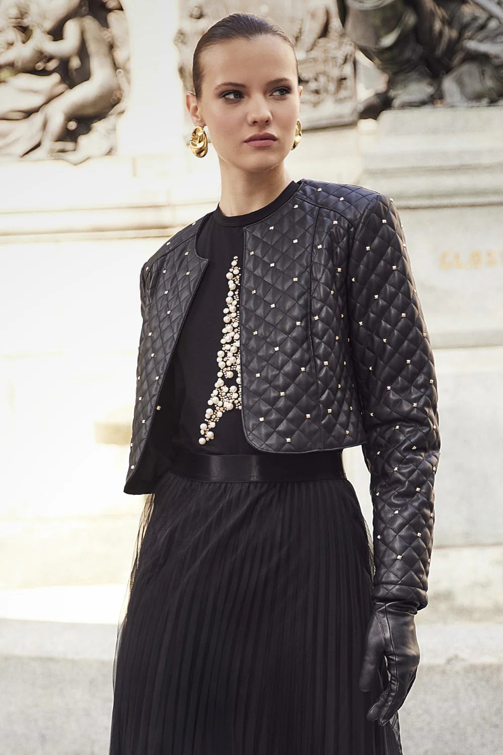 Frank Lyman 254991 Faux Leather Black Studded Cropped Jacket