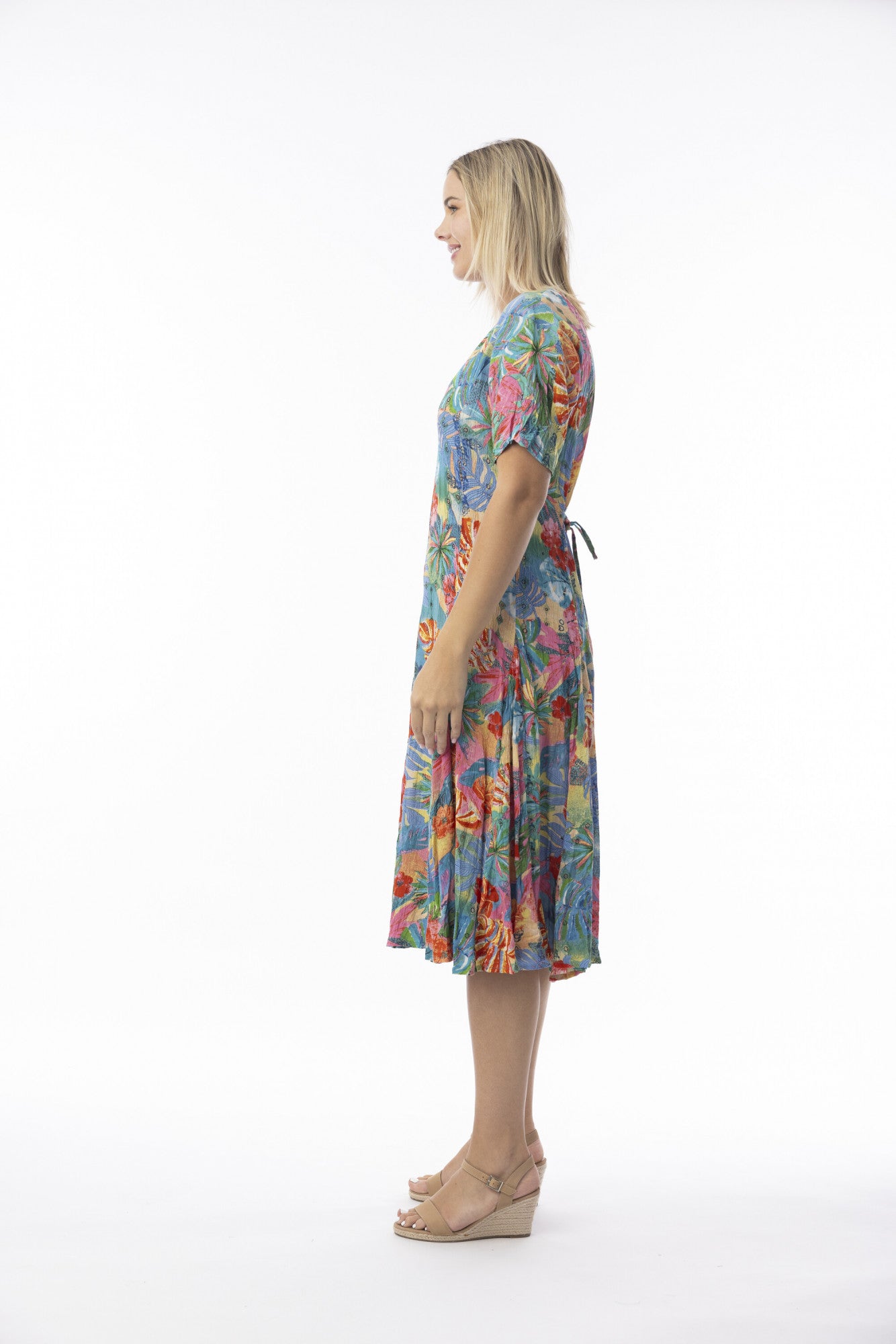 Orientique 30175 Malvinas Multi Colour Print Short Slevess Godet Dress