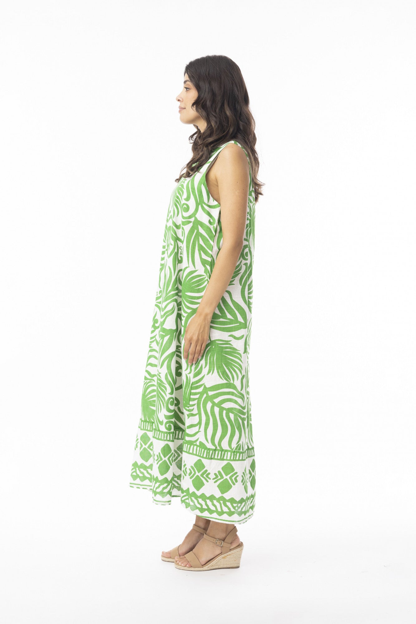 Orientique 40171 Abstract Ferns Print Green/White Maxi Sleevless Dress