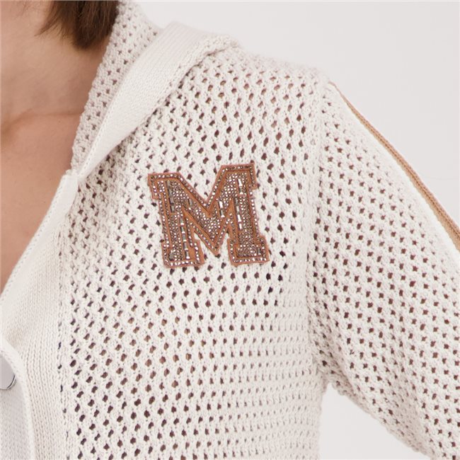 Monari 410283 Champagne Beige Hooded Knitted Jacket With A Patch