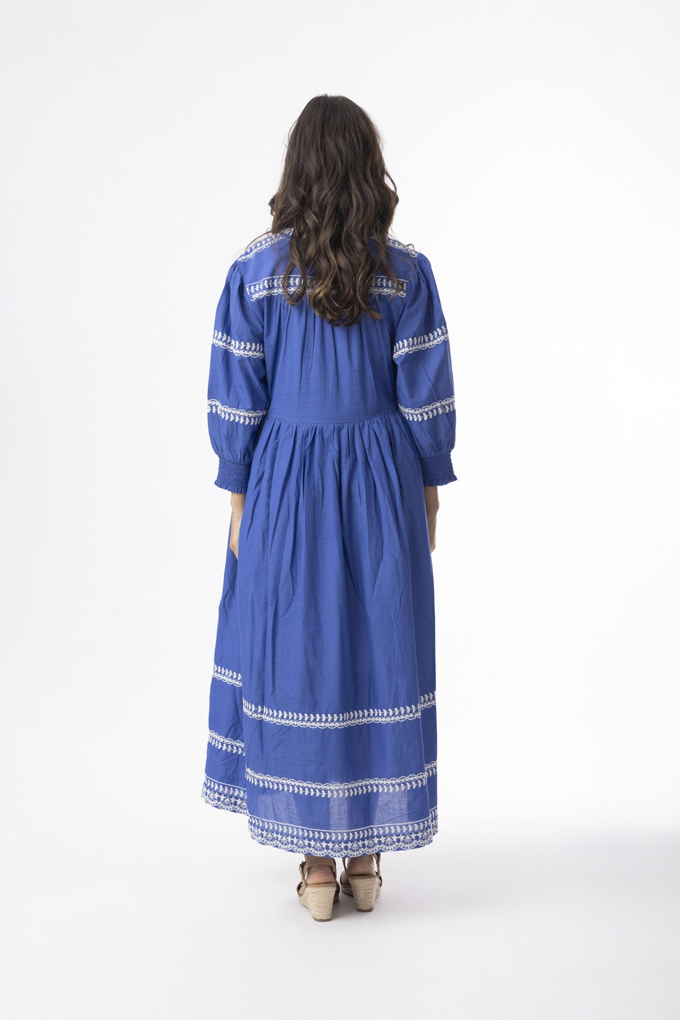 Orientique 30220 Indigo Blue Embroidered Detail Elbow Sleeve Maxi  Dress
