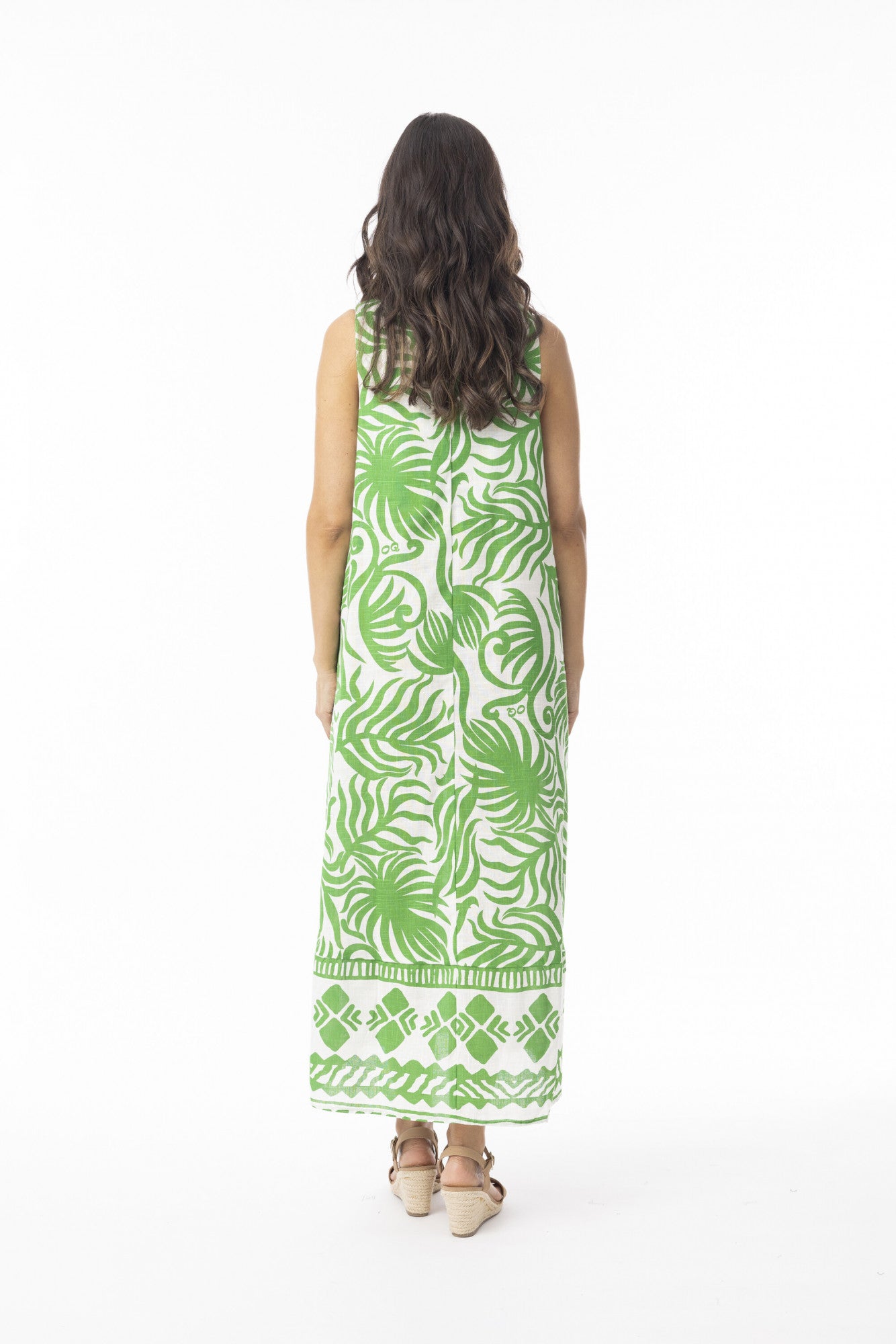 Orientique 40171 Abstract Ferns Print Green/White Maxi Sleevless Dress