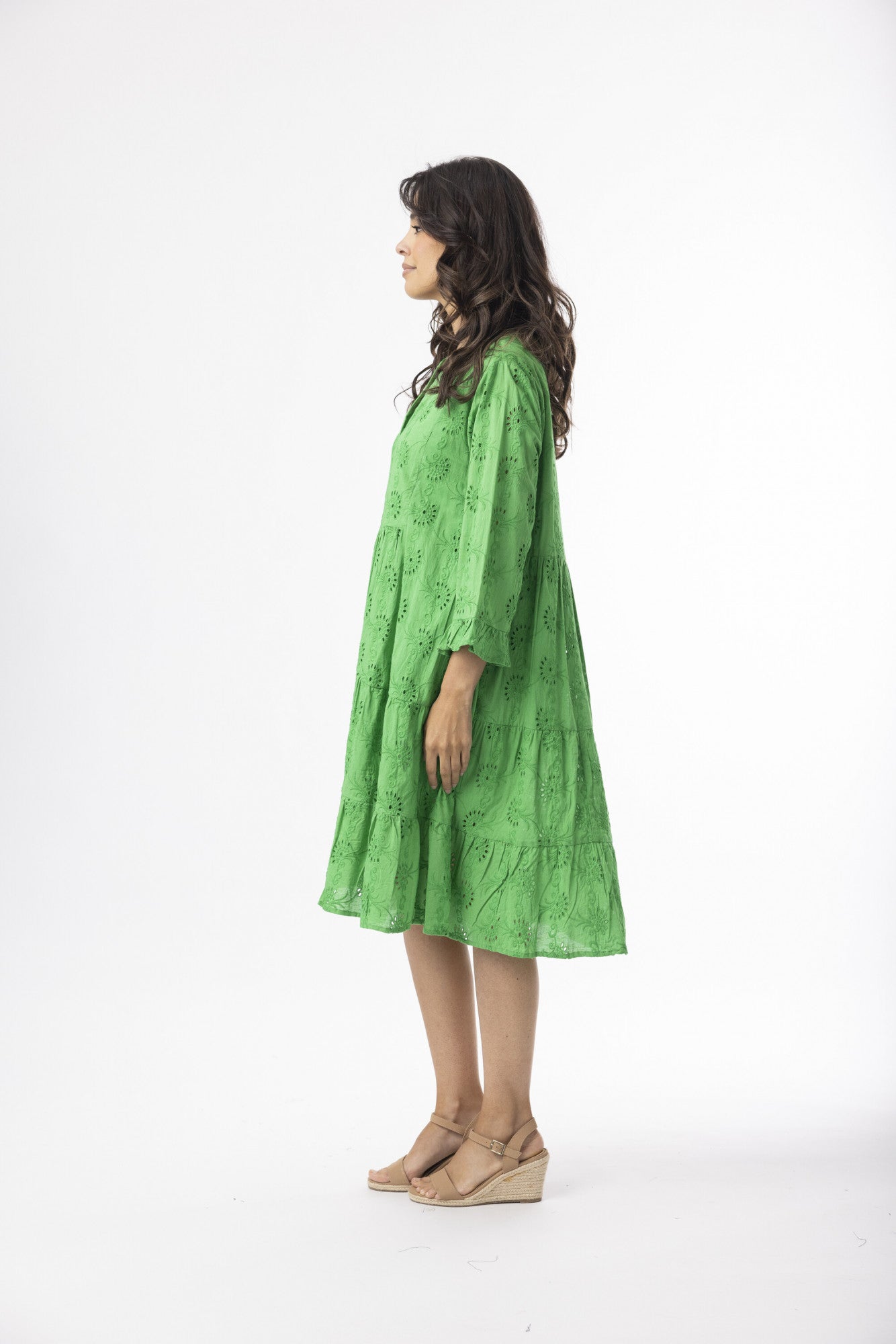 Orientique 40239 Green Broderie Essentials Knee Length V Neck Dress With Buttons