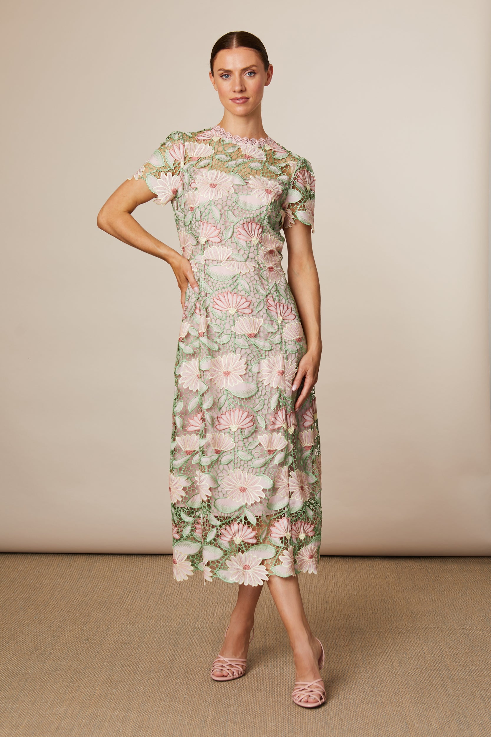 Fee G Midi Gupuire Lace Two-Tone Occasion Wear Dress 834G