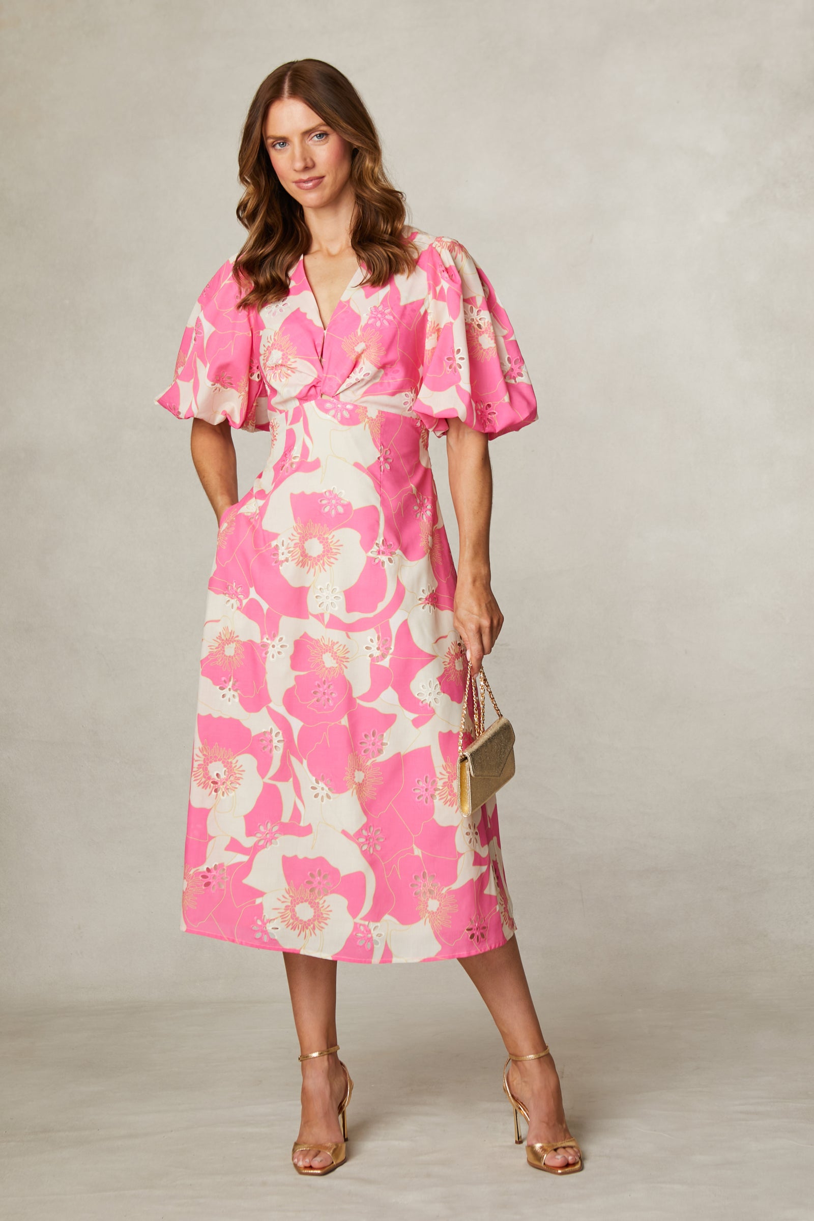 Fee G Knot Front Hot Pink Floral and Broderie Anglais Dress 839Y