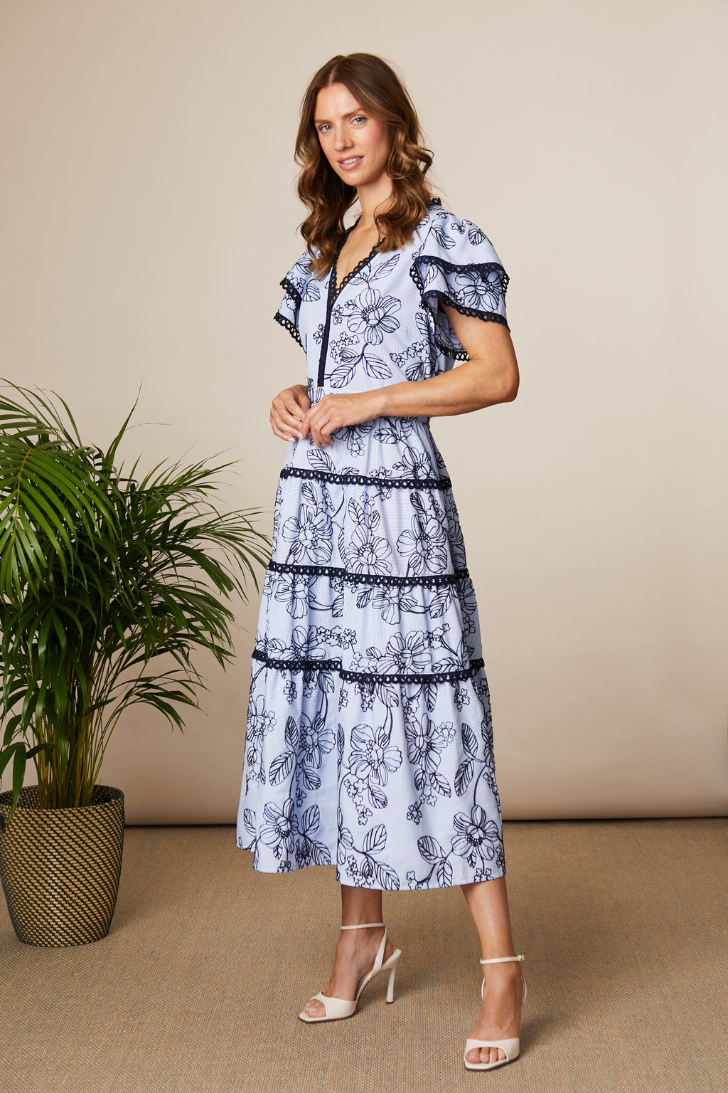 Fee G Lyra Ric-Rac Tiered Maxi Dress With Blue Stripes 873Y