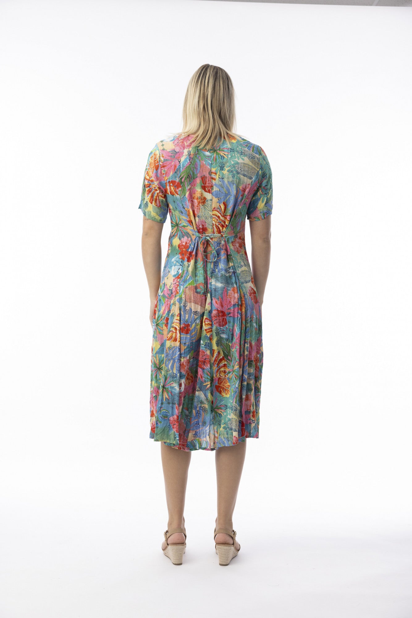 Orientique 30175 Malvinas Multi Colour Print Short Slevess Godet Dress
