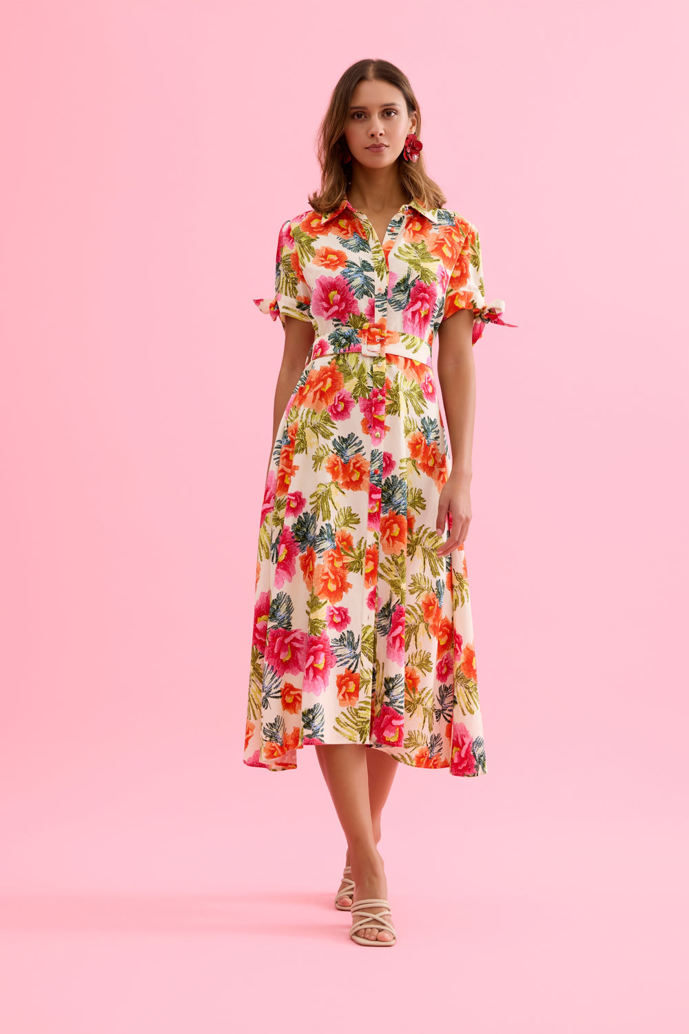 Leo & Ugo KER367 Vibrant  Shirt Style Dress With Multi Colored Floral Pattern On An Ivory Background