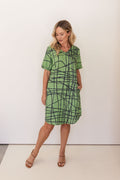 See Saw Linen Soft V Neck Pistachio/Charcoal Dress 406