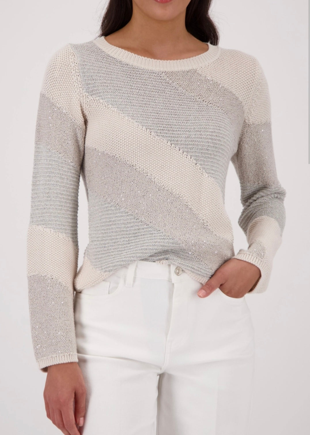 Monari 410416 Mix Fabrics Champagne Beige Jumper With Round Neck