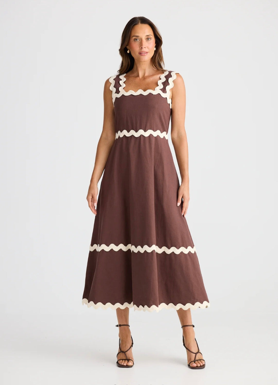 Brave & True BT25424 Marlo Midi Chocolate Brown  Sleeveless Dress With Cream Wavy Trim Detailing