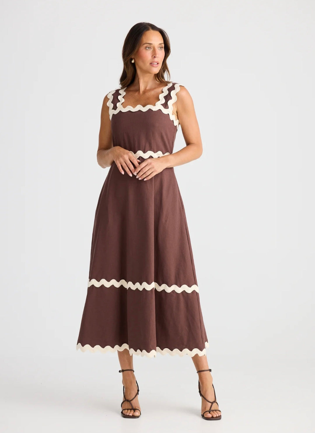 Brave & True BT25424 Marlo Midi Chocolate Brown  Sleeveless Dress With Cream Wavy Trim Detailing