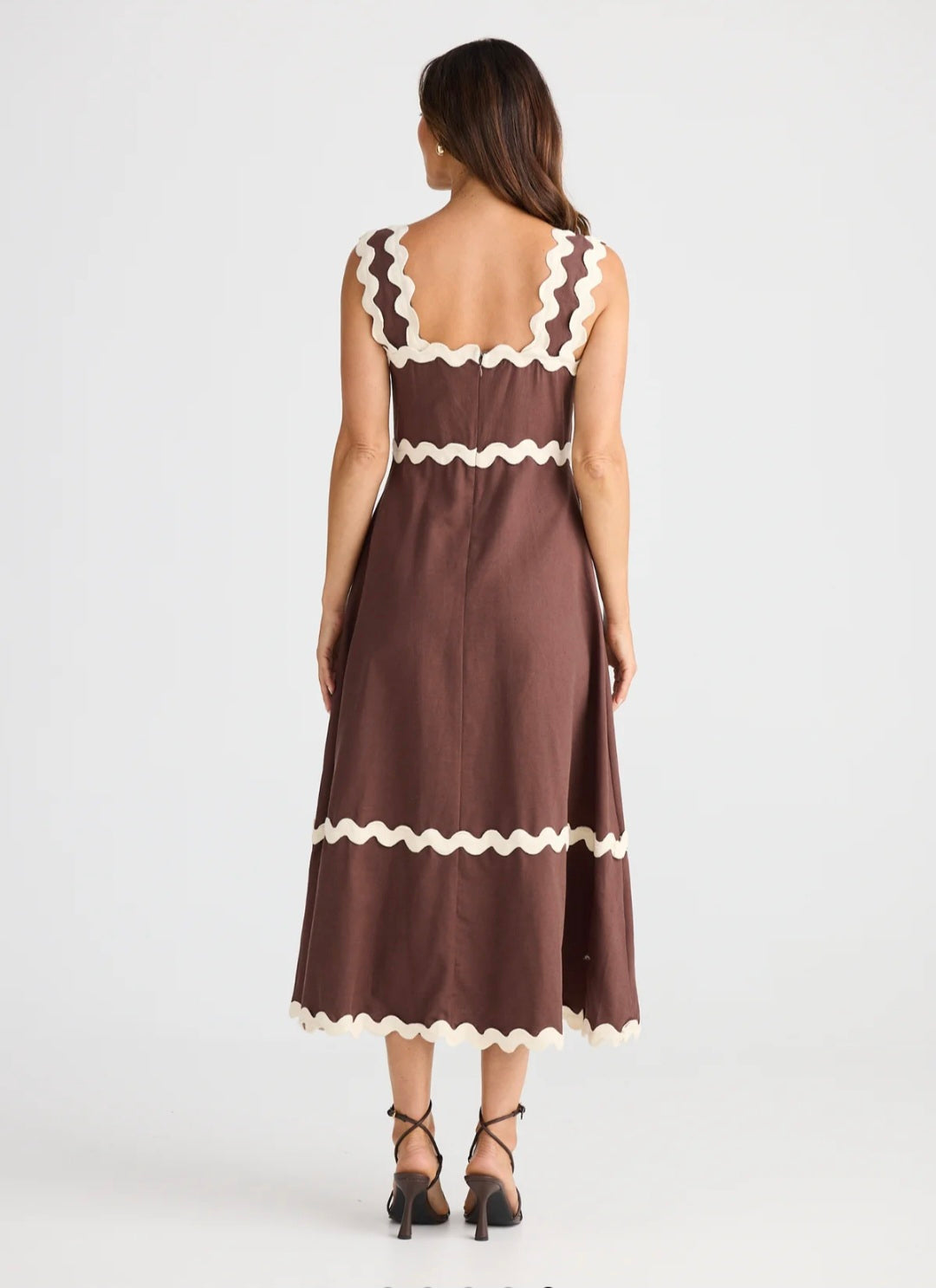 Brave & True BT25424 Marlo Midi Chocolate Brown  Sleeveless Dress With Cream Wavy Trim Detailing