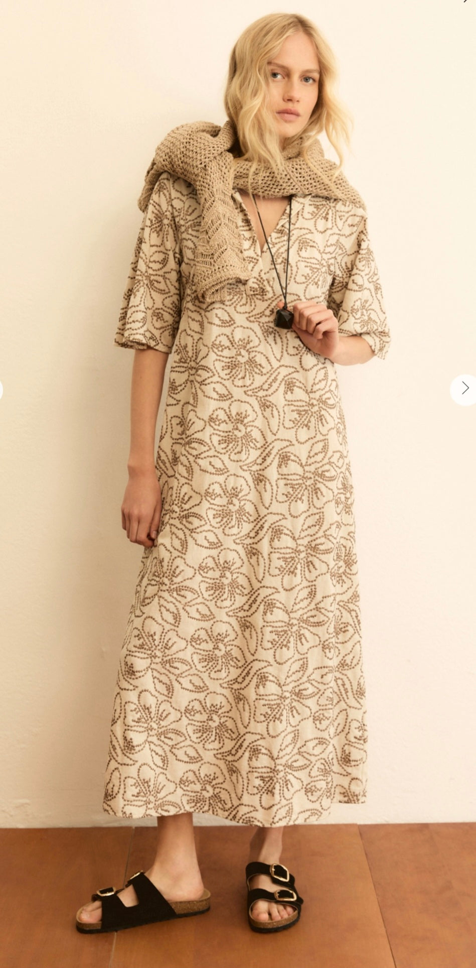 Emme 2615221222200 Gray Beige Cotton Short Sleeve Midi Dress With All-over Floral Detail