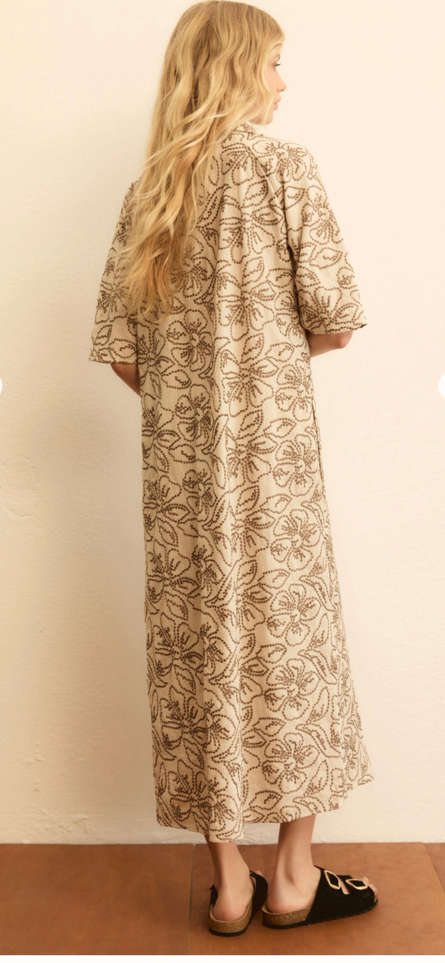 Emme 2615221222200 Gray Beige Cotton Short Sleeve Midi Dress With All-over Floral Detail