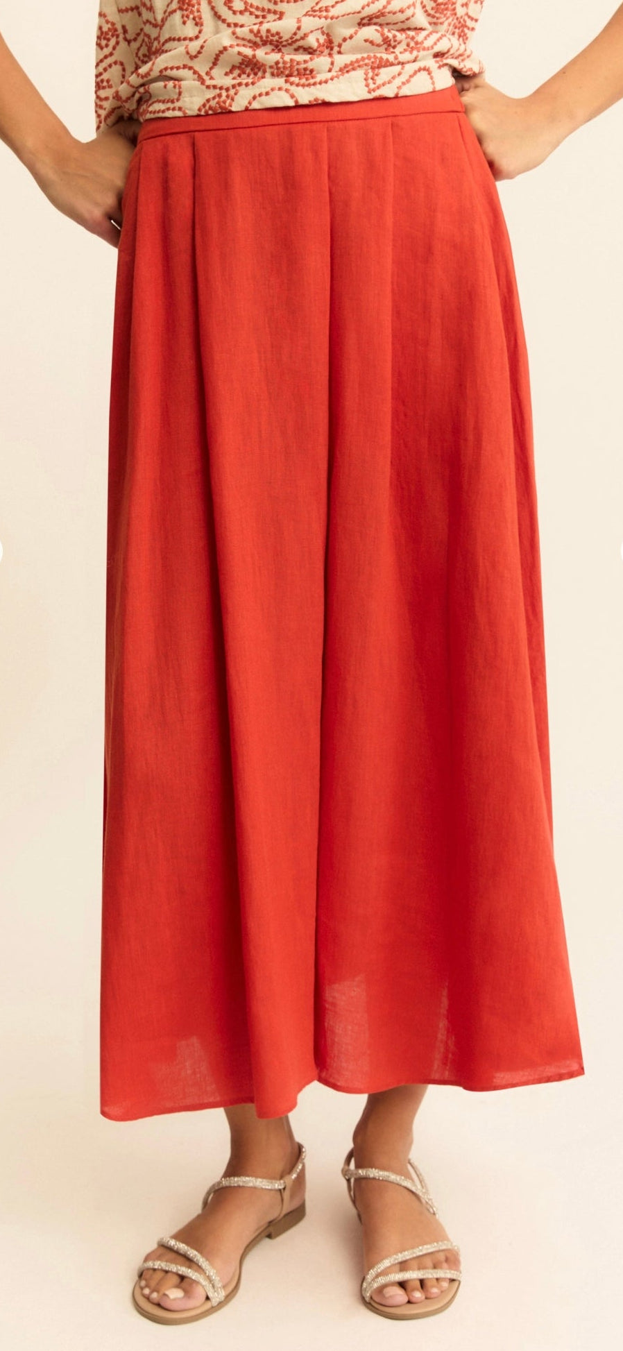 Emme 26151010822 Papaya Orange A Line Midi Linen Skirt