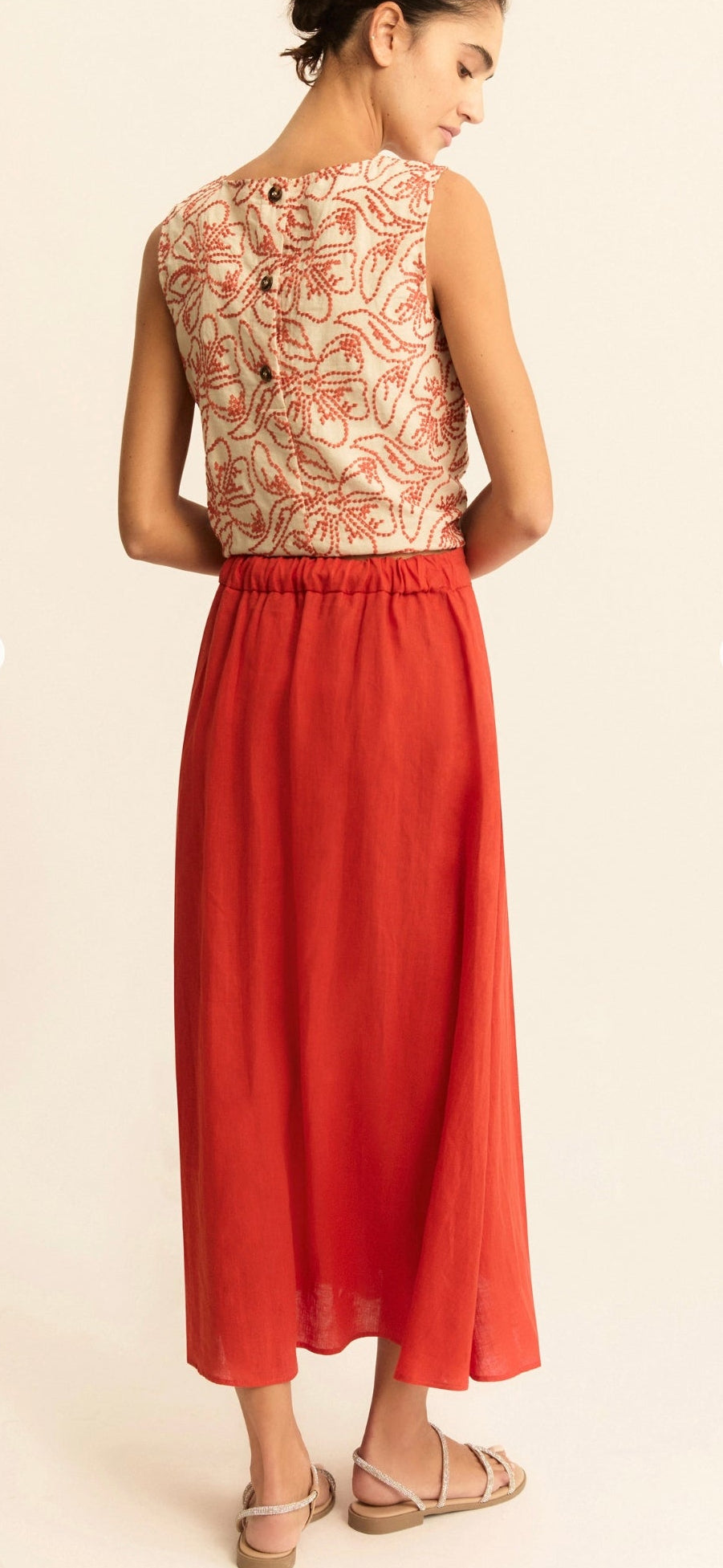 Emme 26151010822 Papaya Orange A Line Midi Linen Skirt