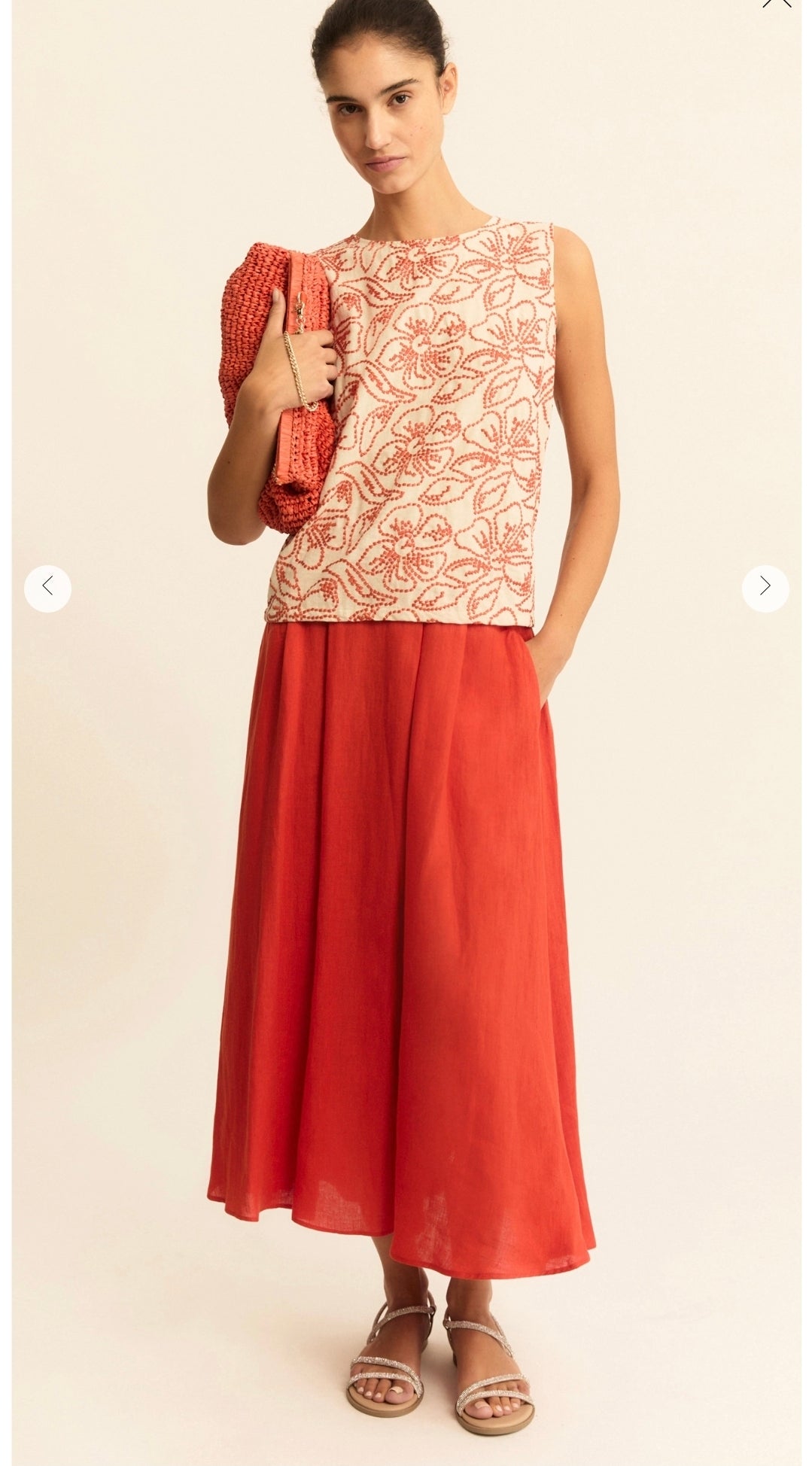 Emme 26151010822 Papaya Orange A Line Midi Linen Skirt