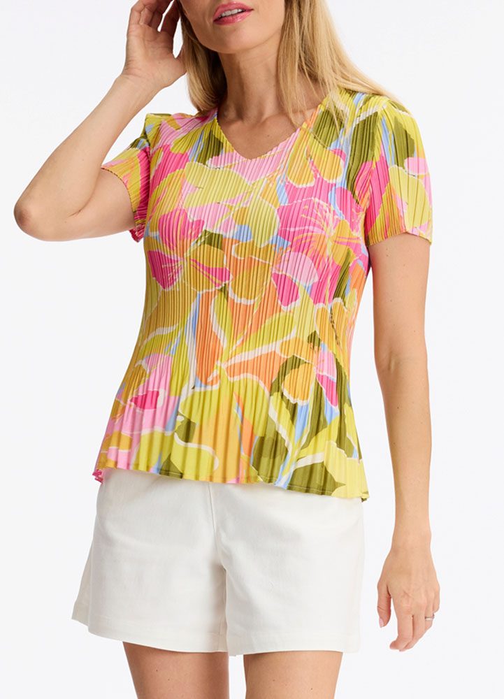 Leo & Ugo YE240 Colorful V Neck Pleated Short Sleeved Top