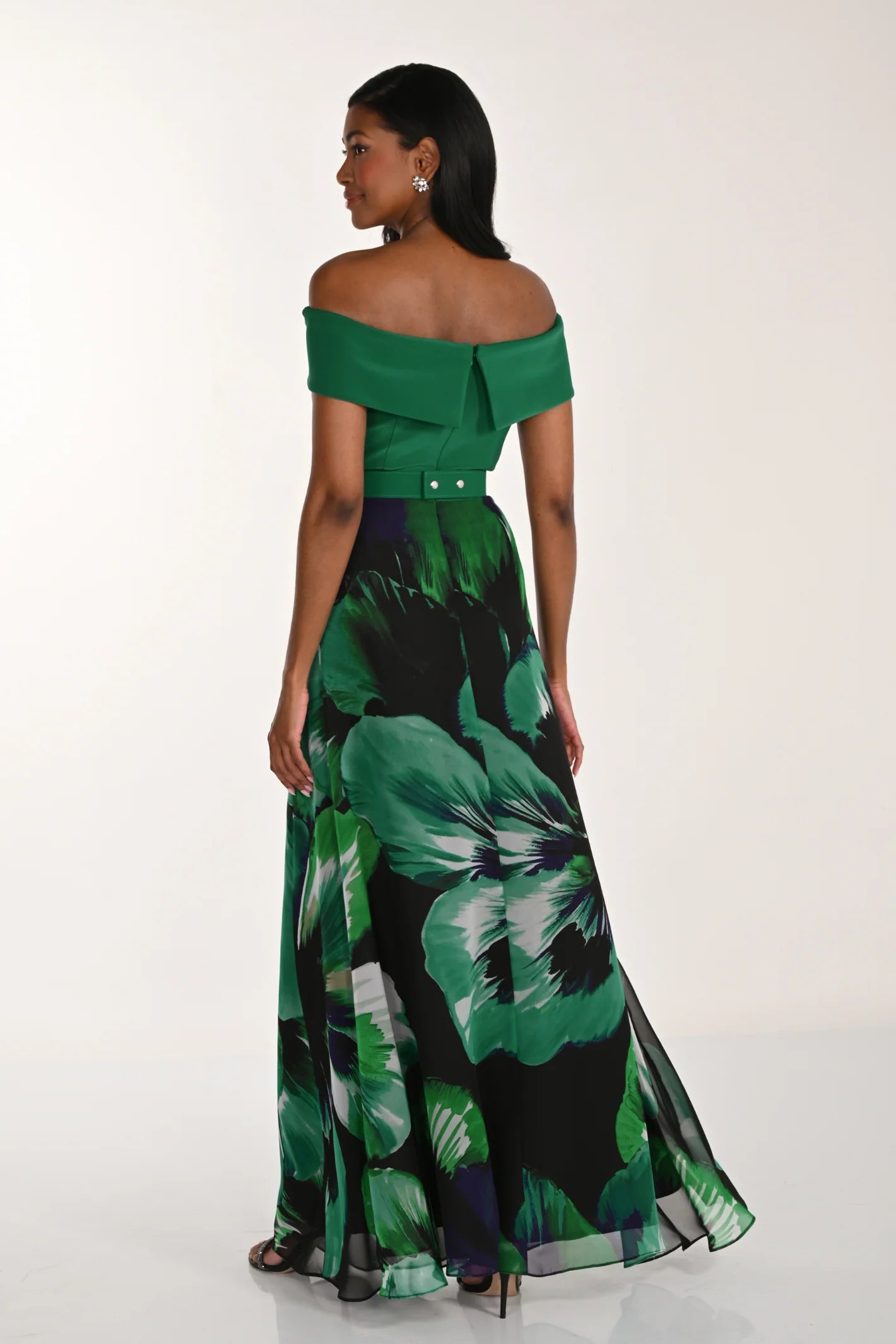Frank Lyman 268266 Forest Green Printed Off-Shoulder Maxi Dress