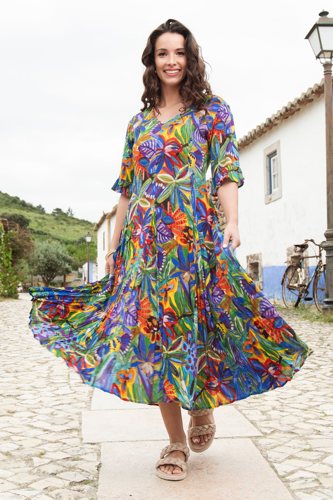 Orientique 81360 Zapallar Print Multi Colour Maxi Short Sleevess Dress